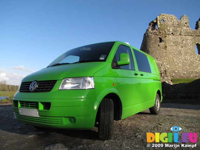 SX11135 Green Mean Camping Machine VW T5 campervan at Ogmore Castle